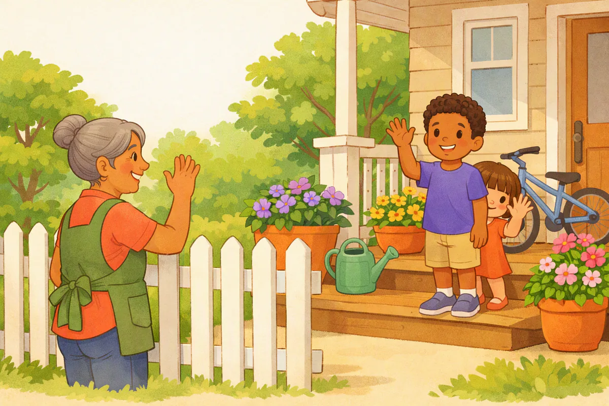 Two children wave hello from their front porch to a smiling neighbor across the fence
