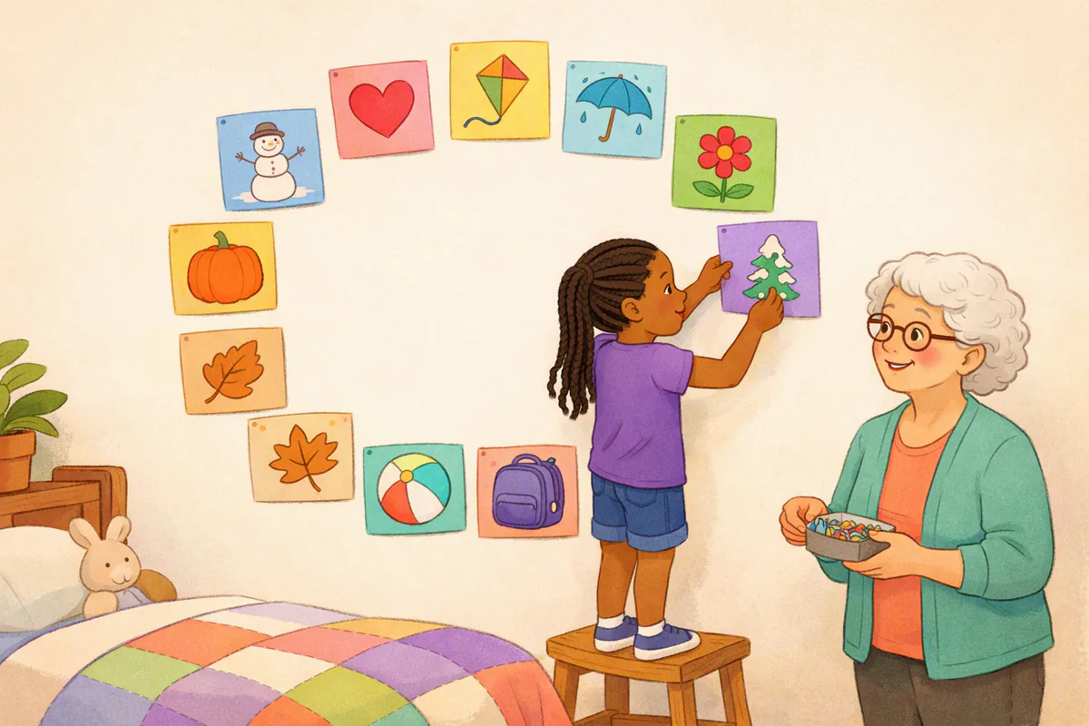 A girl pins twelve seasonal drawings in a circle on her bedroom wall while her grandmother helps
