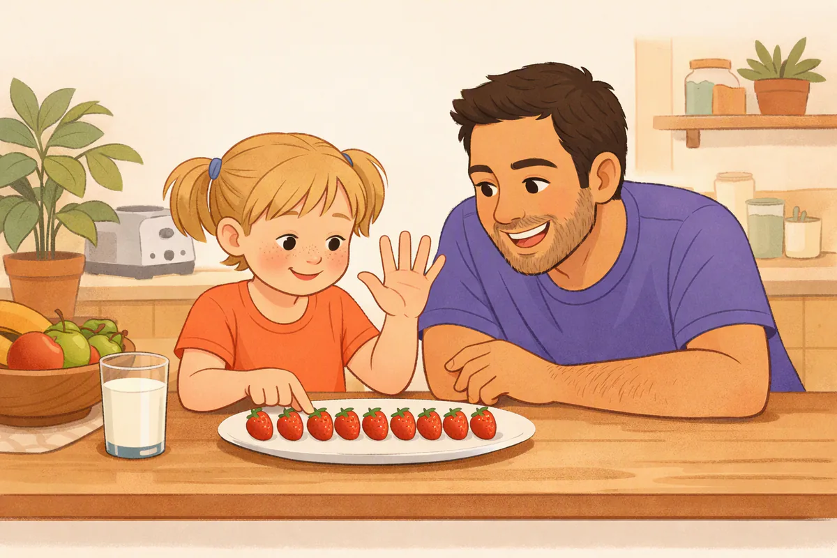 A girl counts strawberries on a plate with her fingers while her father counts along