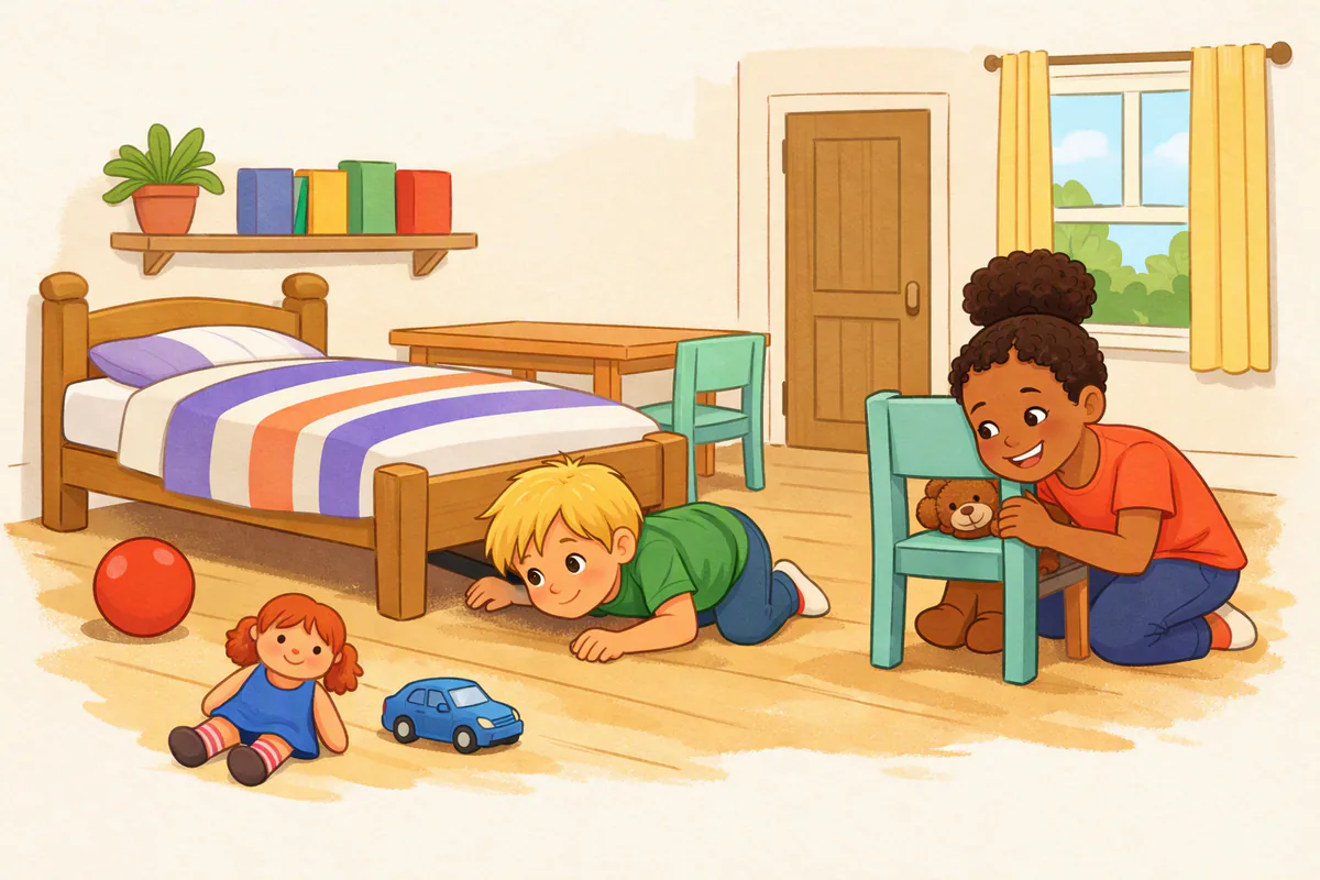 A boy looks under the bed while his sister hides a teddy bear behind a chair in their bedroom