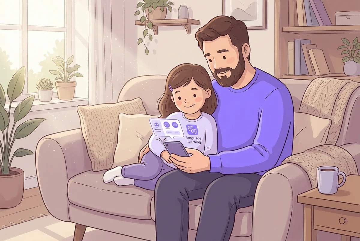 Un padre revisa una app de inglés en su móvil junto a su hija pequeña antes de instalarla, comprobando el área de padres