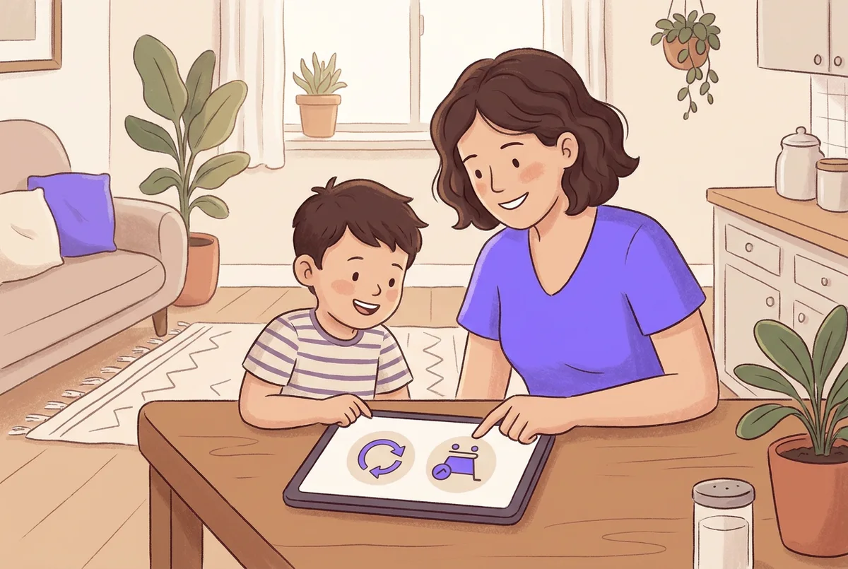 Una madre y su hijo comparan dos pantallas de compra en una tablet, una con el símbolo de suscripción recurrente y otra con un pago único