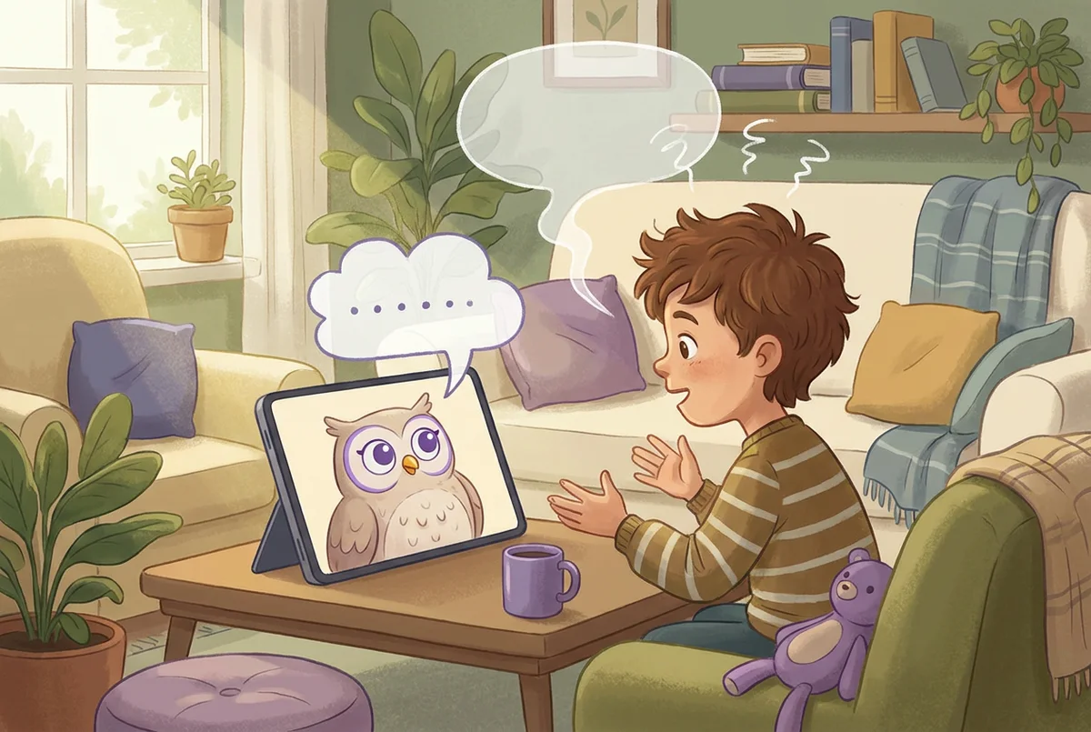 Un niño de unos siete años habla en voz alta a una tablet mientras un pequeño personaje animado en la pantalla lo escucha y responde