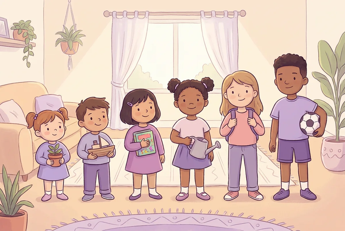 Seis dibujos en fila mostrando a un mismo niño creciendo de los 4 a los 9 años, cada uno con un objeto distinto en inglés junto a él