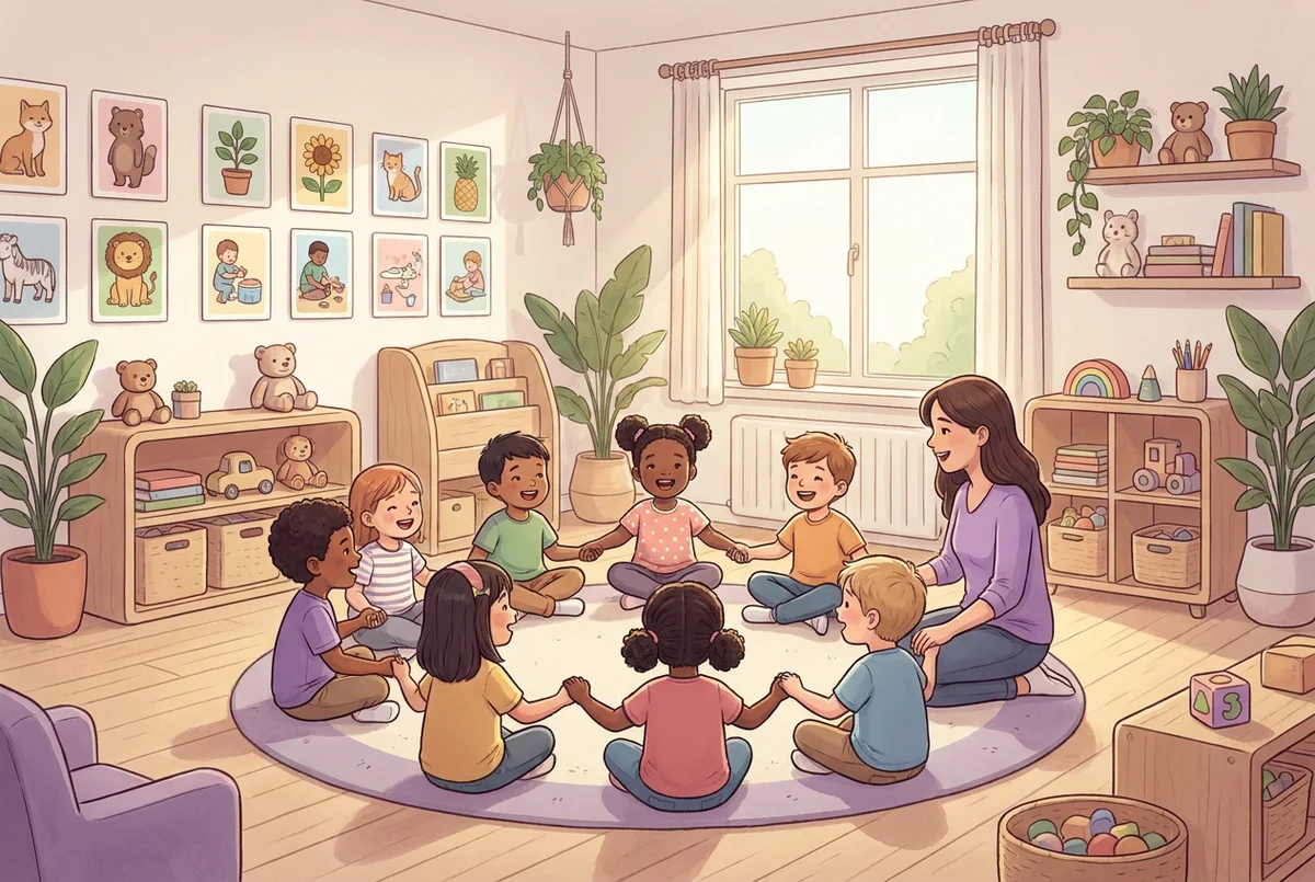 Aula de Educación Infantil con niños de unos cuatro años sentados en círculo cantando una canción, con tarjetas de colores en inglés en la pared