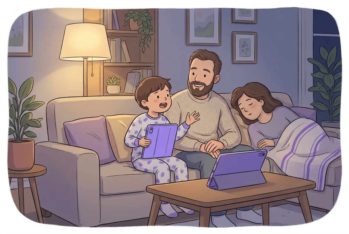 Una familia en el sofá de casa por la noche, un niño hablando en voz alta hacia una tablet apoyada en la mesa mientras su padre escucha sonriendo