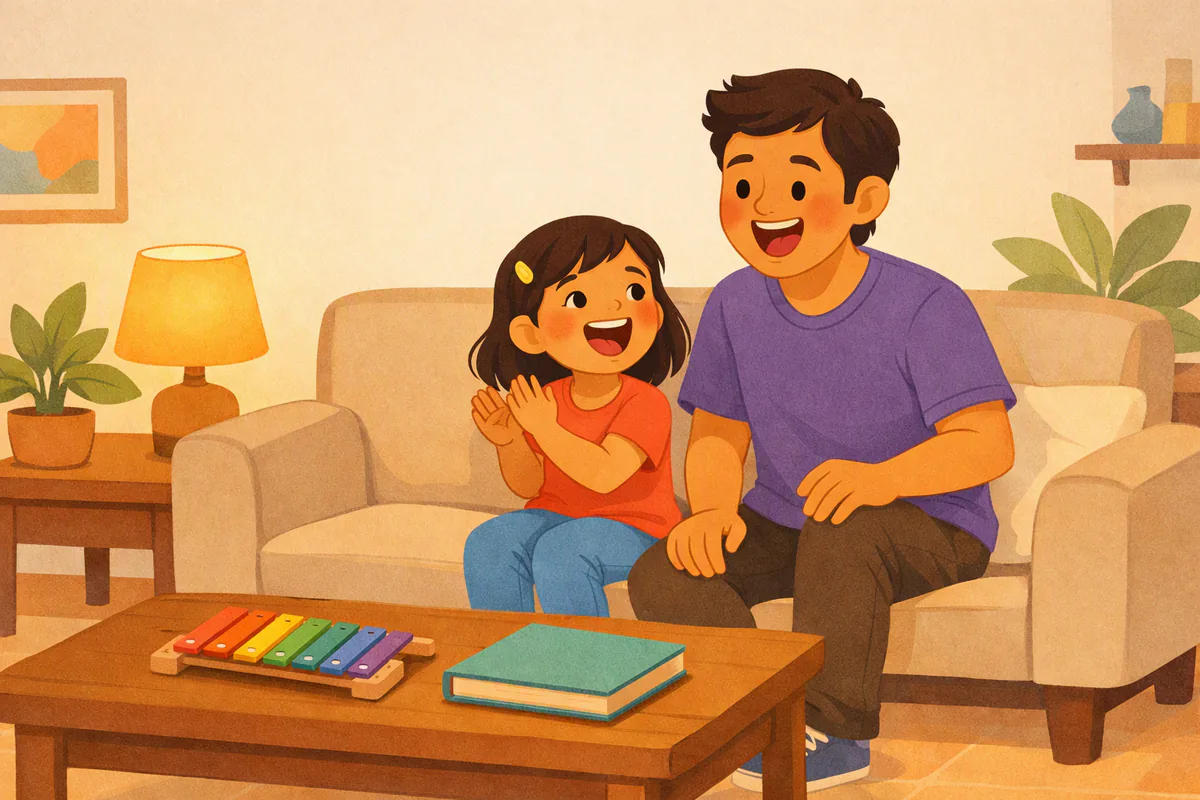 Un papá y su hija de unos seis años cantan juntos en el sofá; ella aplaude al ritmo y en la mesa hay un xilófono de juguete