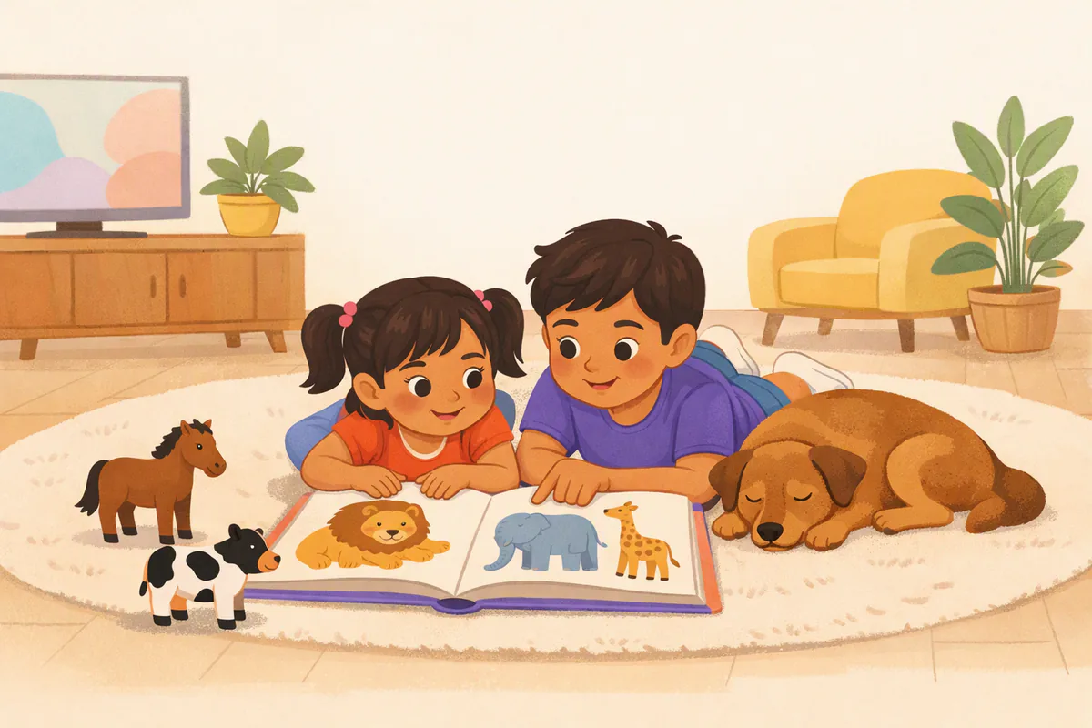 Una niña de unos cinco años y su hermano miran un libro con dibujos de animales en el piso de la sala, junto a su perro dormido