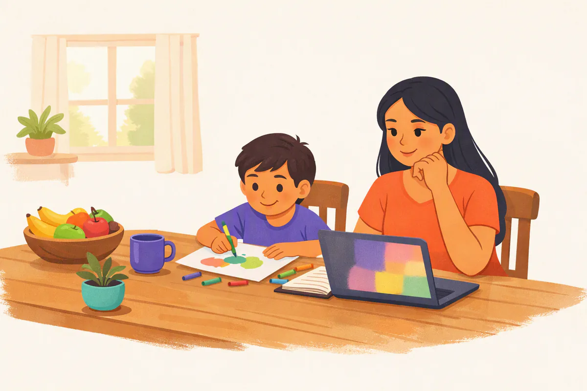 Una mamá compara opciones en su laptop en la mesa del comedor mientras su hijo de unos ocho años dibuja a su lado
