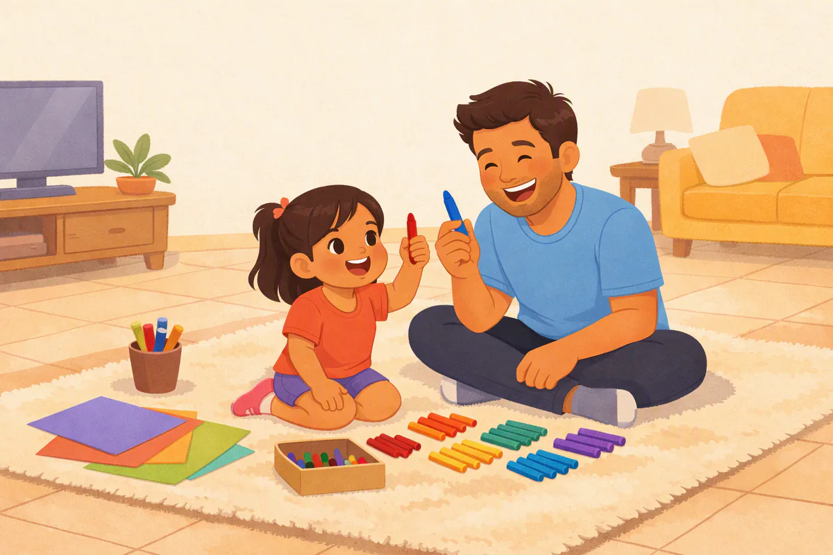 Una niña de unos cinco años levanta un crayón rojo mientras ordena crayones por colores sobre la alfombra de la sala junto a su papá