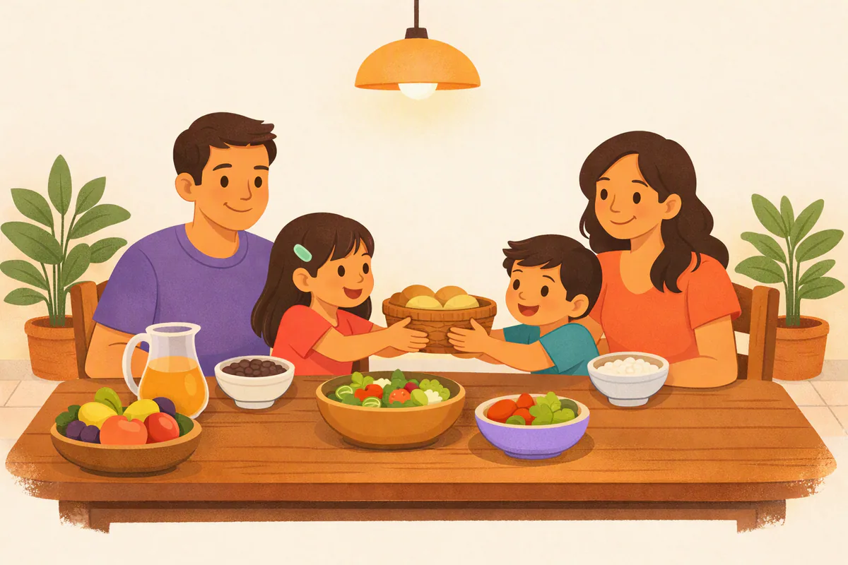 Una familia cena en una mesa de madera con arroz, frijoles, ensalada, pan y jugo; la hija le pasa el pan a su hermano