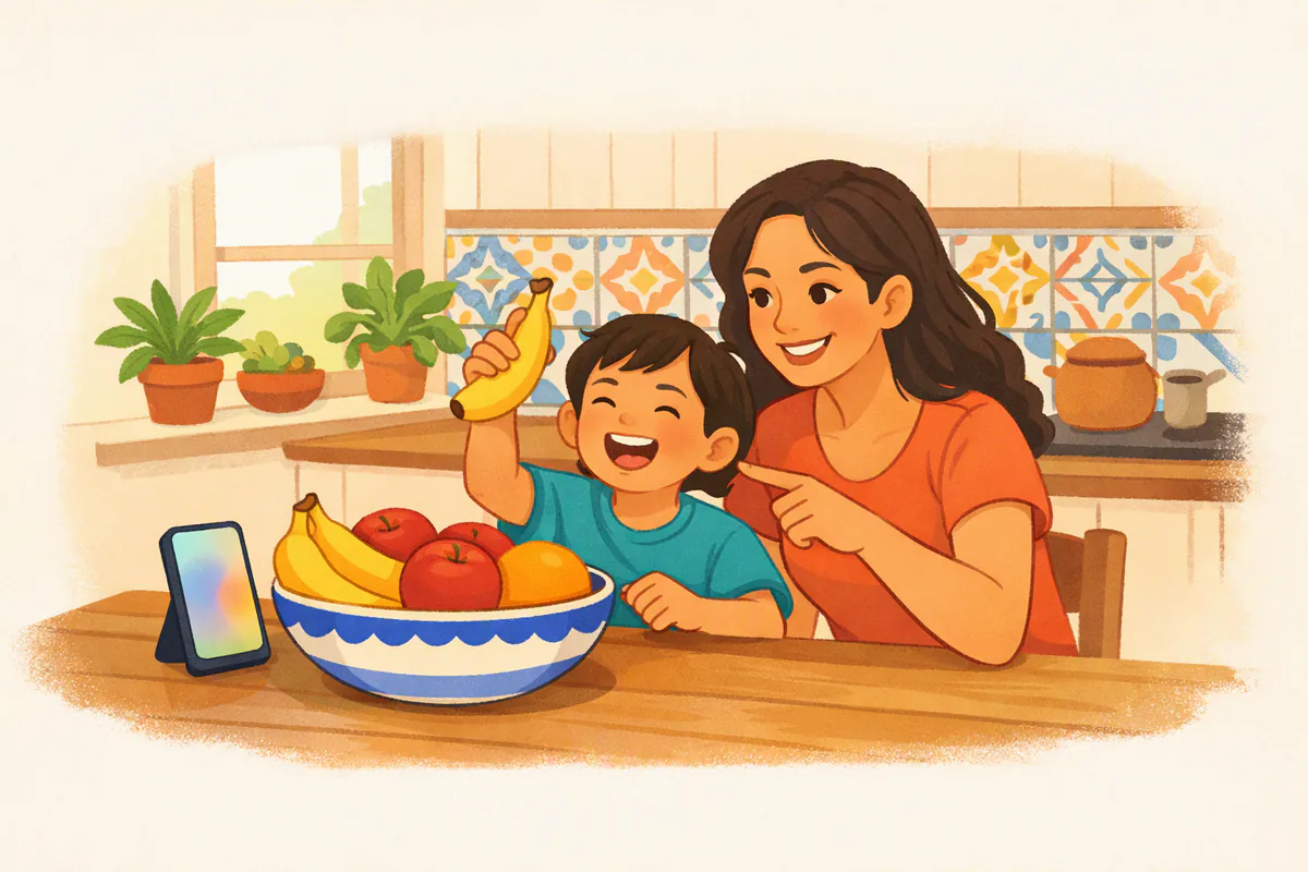 Una mamá y su hijo de unos seis años señalan juntos las frutas de un frutero en la mesa de la cocina, con un celular de pie junto al frutero