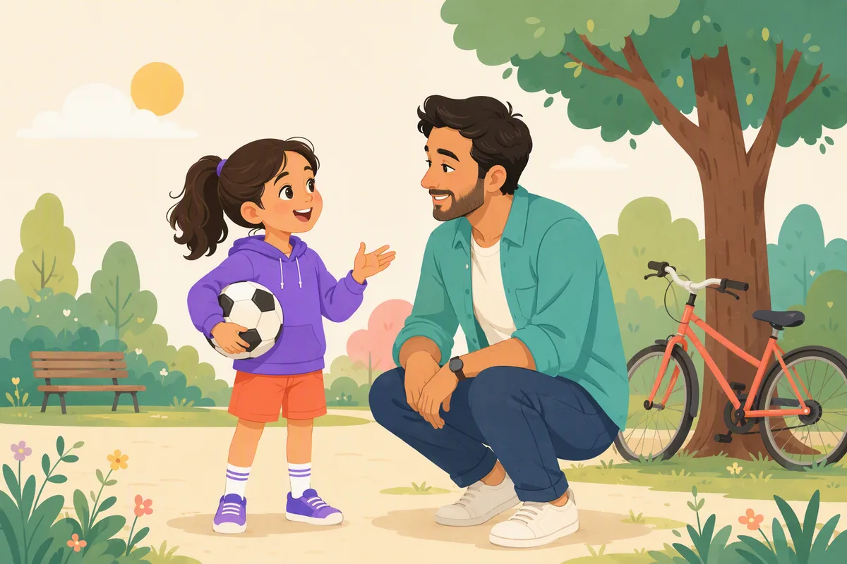 Una niña con un balón de fútbol platica con su papá en el parque, junto a un árbol y una bicicleta