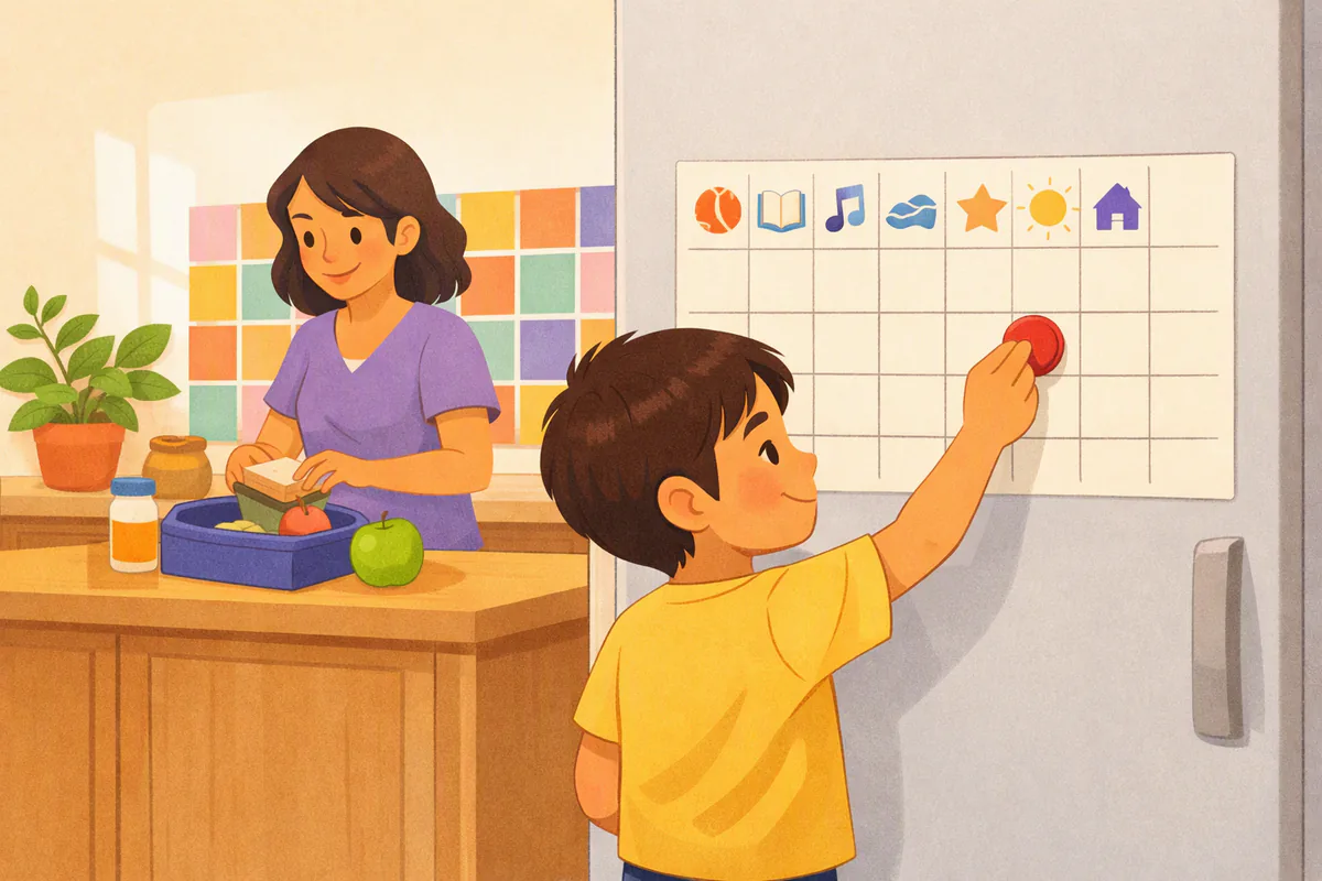 Un niño de unos siete años pone un imán en el calendario semanal con dibujos pegado al refrigerador mientras su mamá prepara su refrigerio
