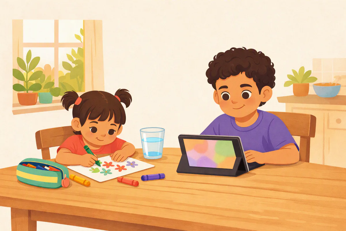 Un niño de unos ocho años practica con una tablet en la mesa de la cocina mientras su hermana pequeña dibuja a su lado