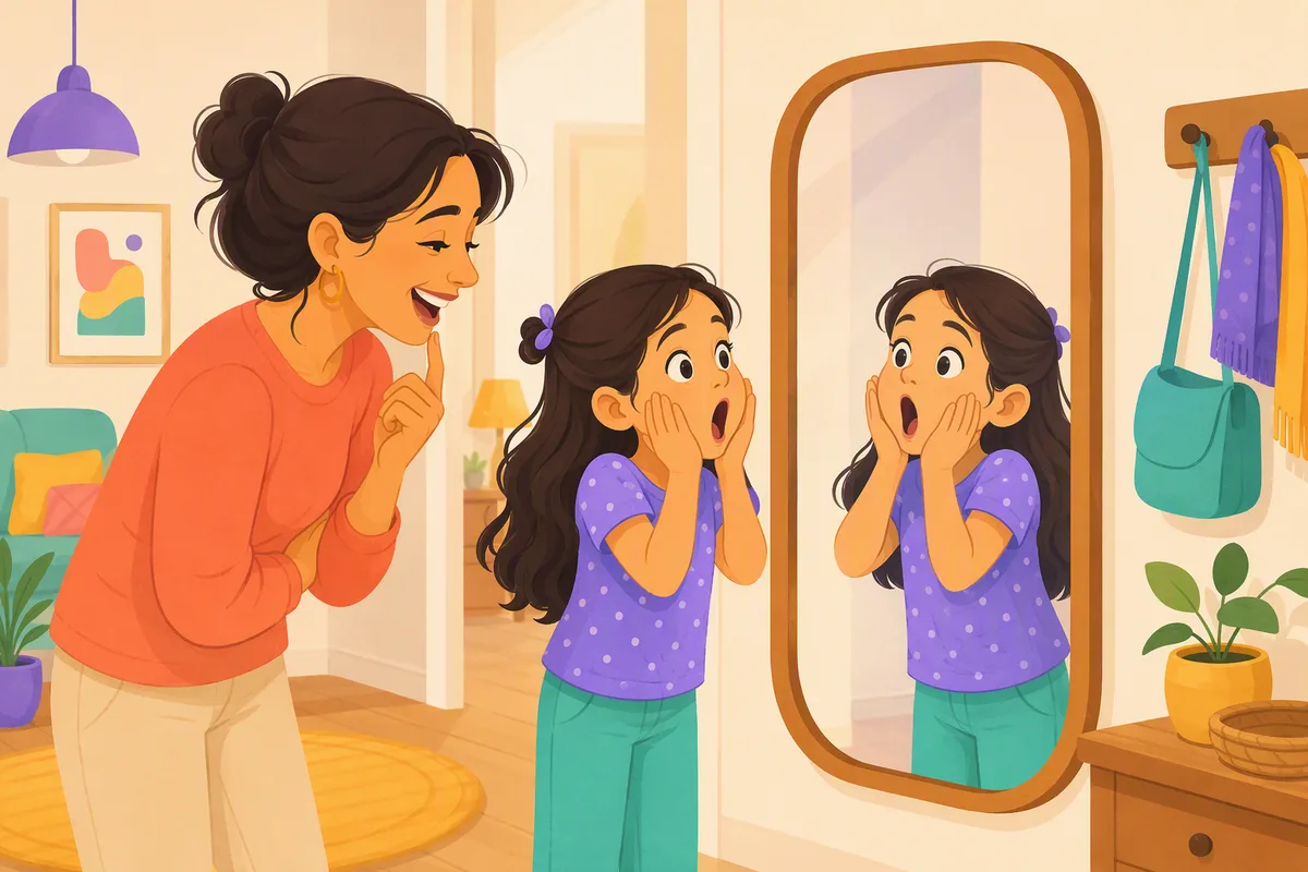 Una niña pone cara de sorpresa frente al espejo mientras su mamá la imita riendo