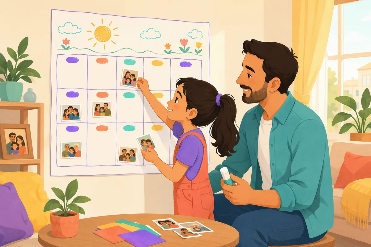 Una niña pega fotos en un calendario grande de la pared junto a su papá, en una sala luminosa con plantas