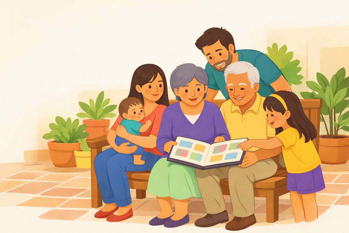 Tres generaciones de una familia miran un álbum de fotos en el patio: los abuelos, los papás, una niña de unos siete años y un bebé