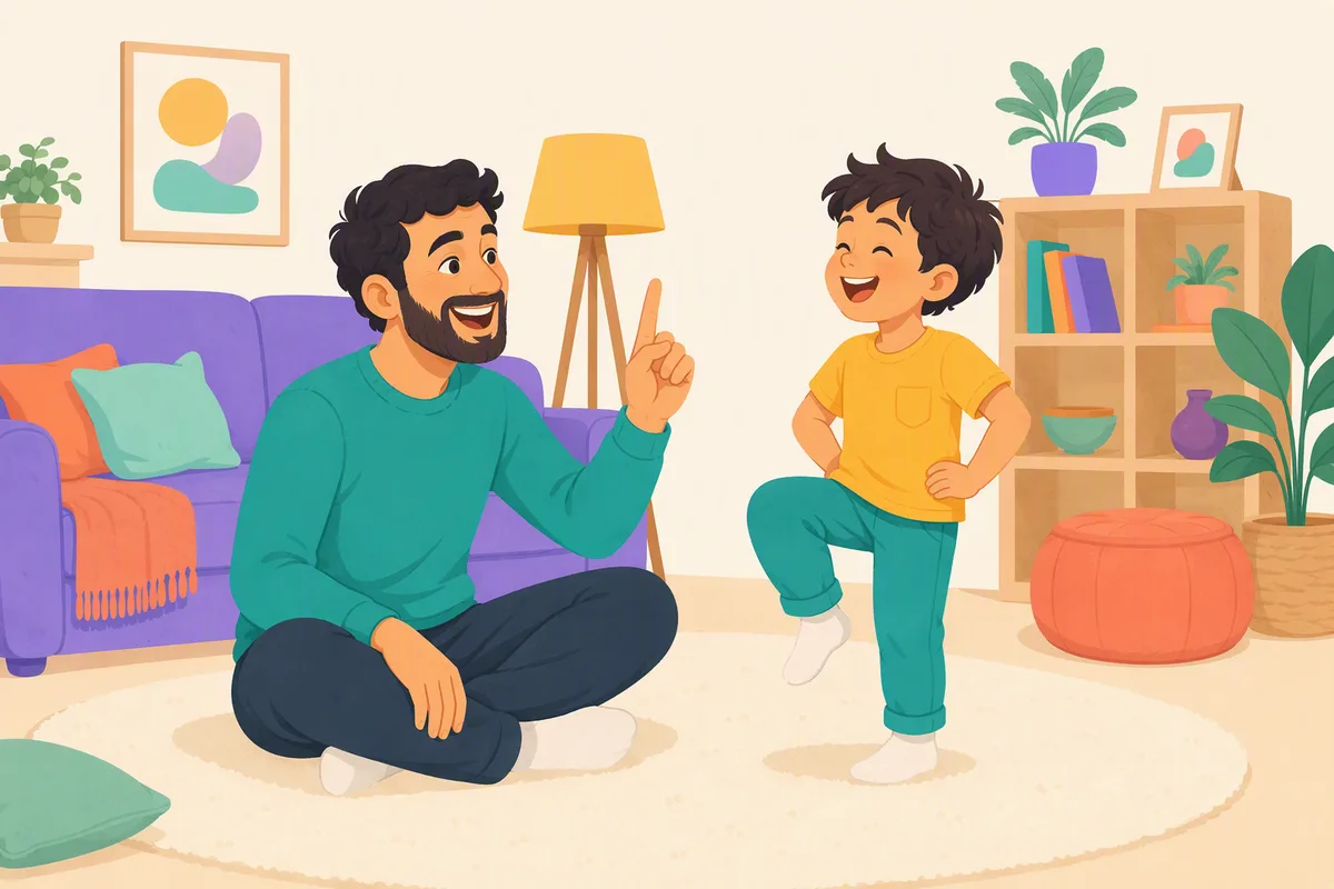 Un papá sentado en el piso da instrucciones con el dedo levantado y su hijo, riendo, se para en un pie