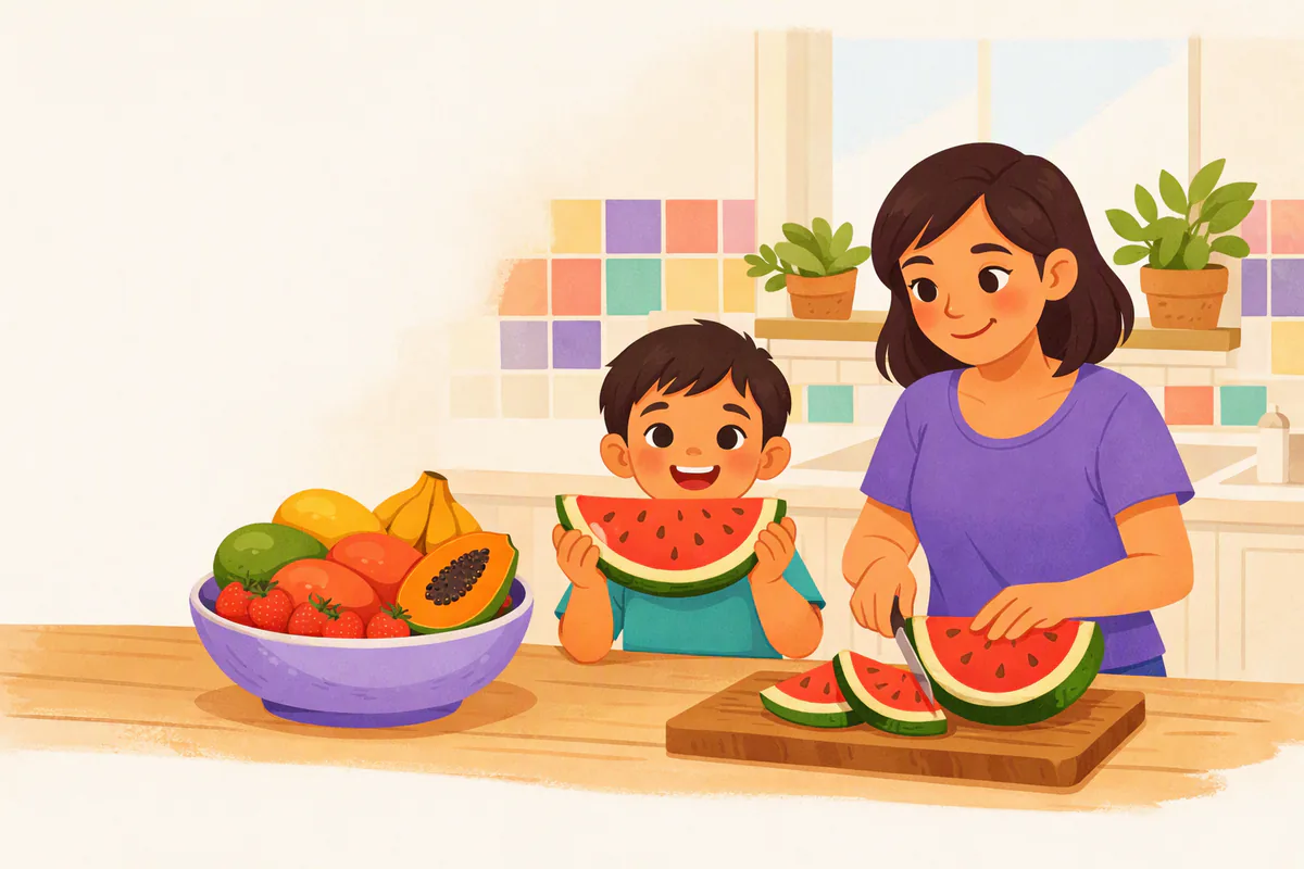 Un niño de unos cinco años levanta una rebanada de sandía junto a su mamá en la cocina, con un frutero lleno de mangos, plátanos y fresas