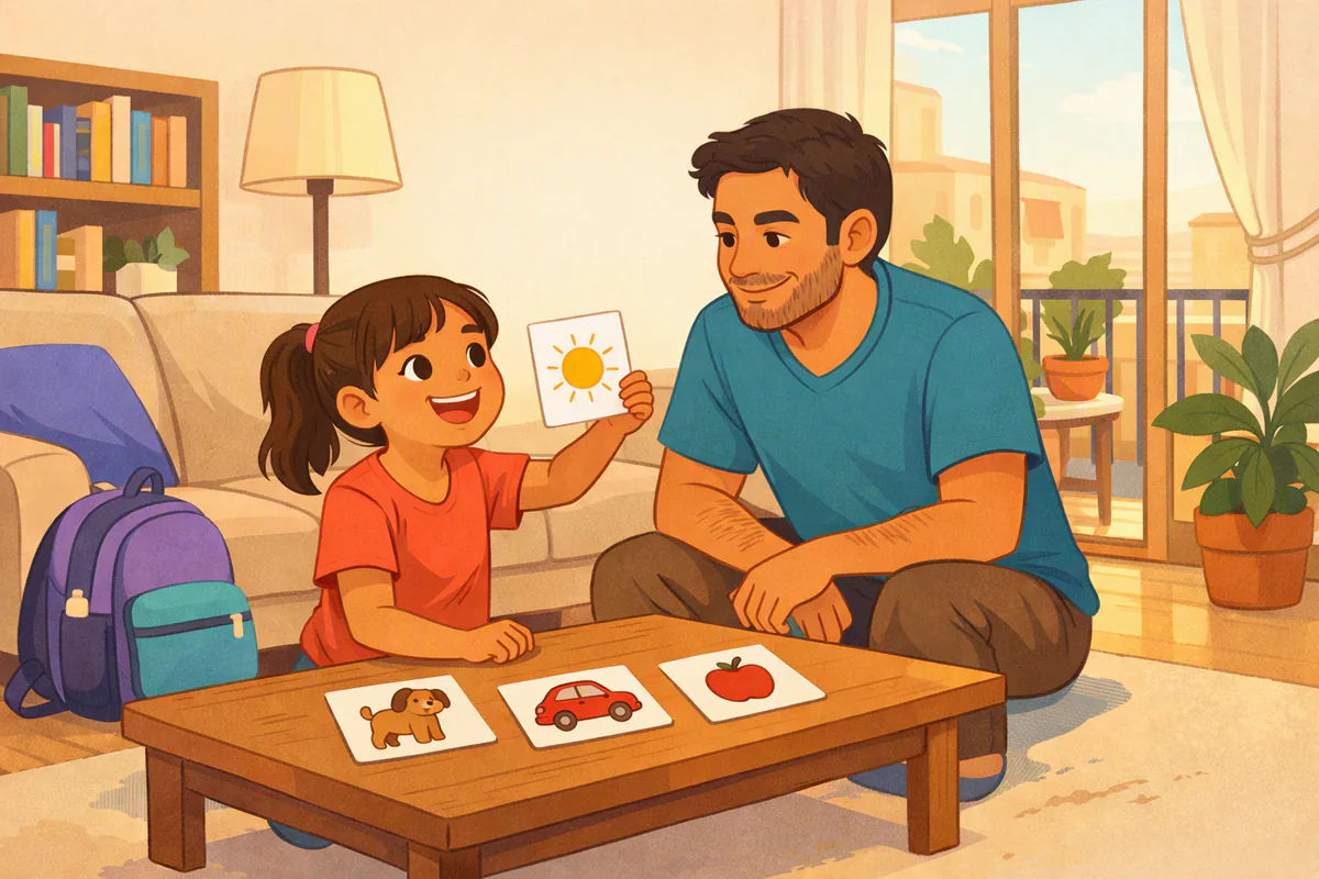 Una niña de unos siete años repasa en voz alta palabras en inglés con tarjetas de dibujos en la mesa del salón, mientras su padre la escucha