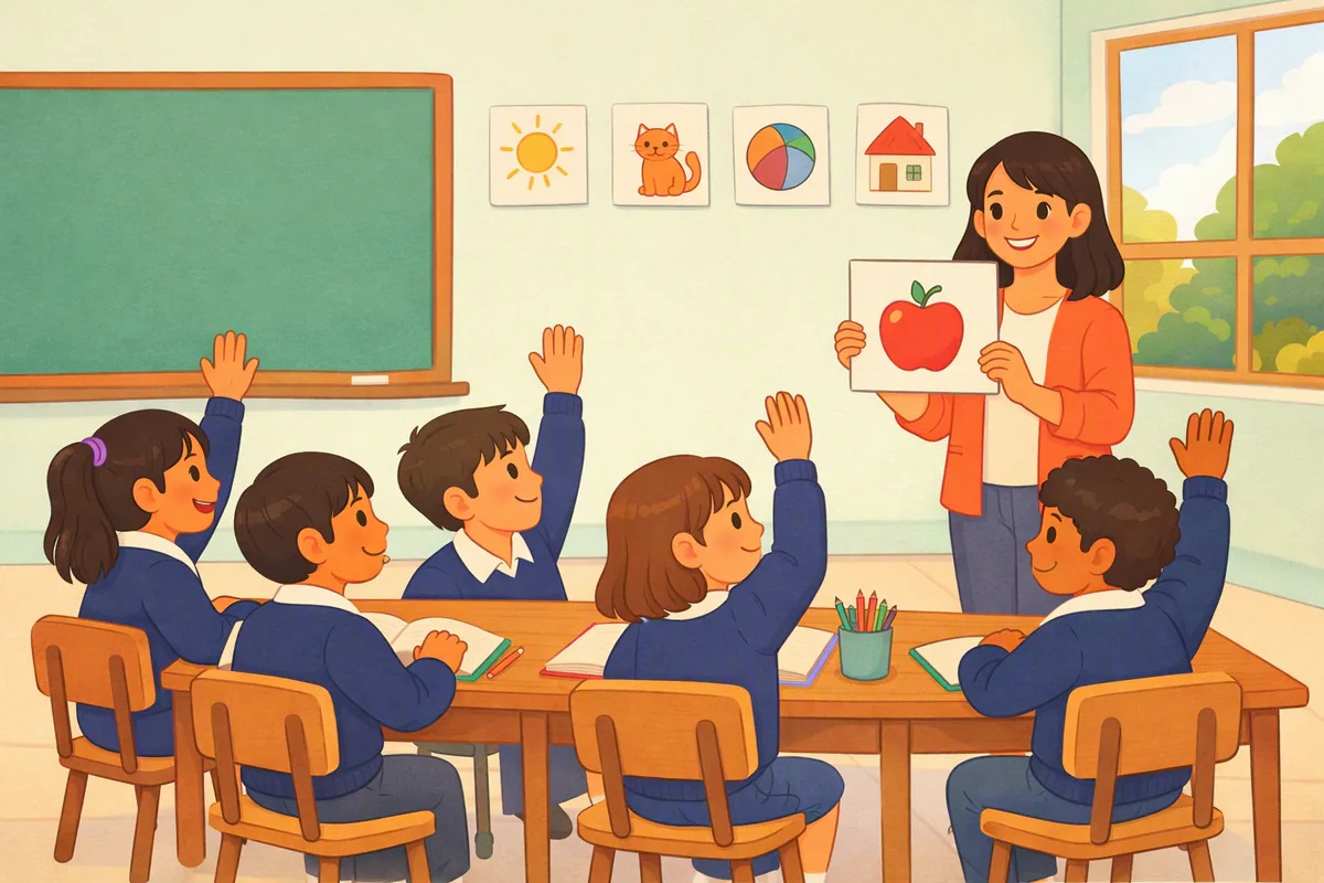 Niñas y niños de primaria con uniforme levantan la mano en un salón luminoso de una escuela pública mexicana, con tarjetas de dibujos en la pared