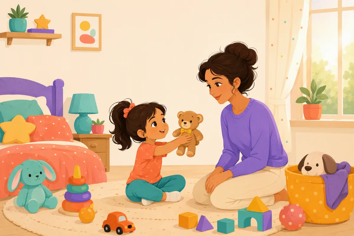 Una niña le muestra un osito de peluche a su mamá en su recámara, rodeada de bloques, un carrito y un perrito de peluche