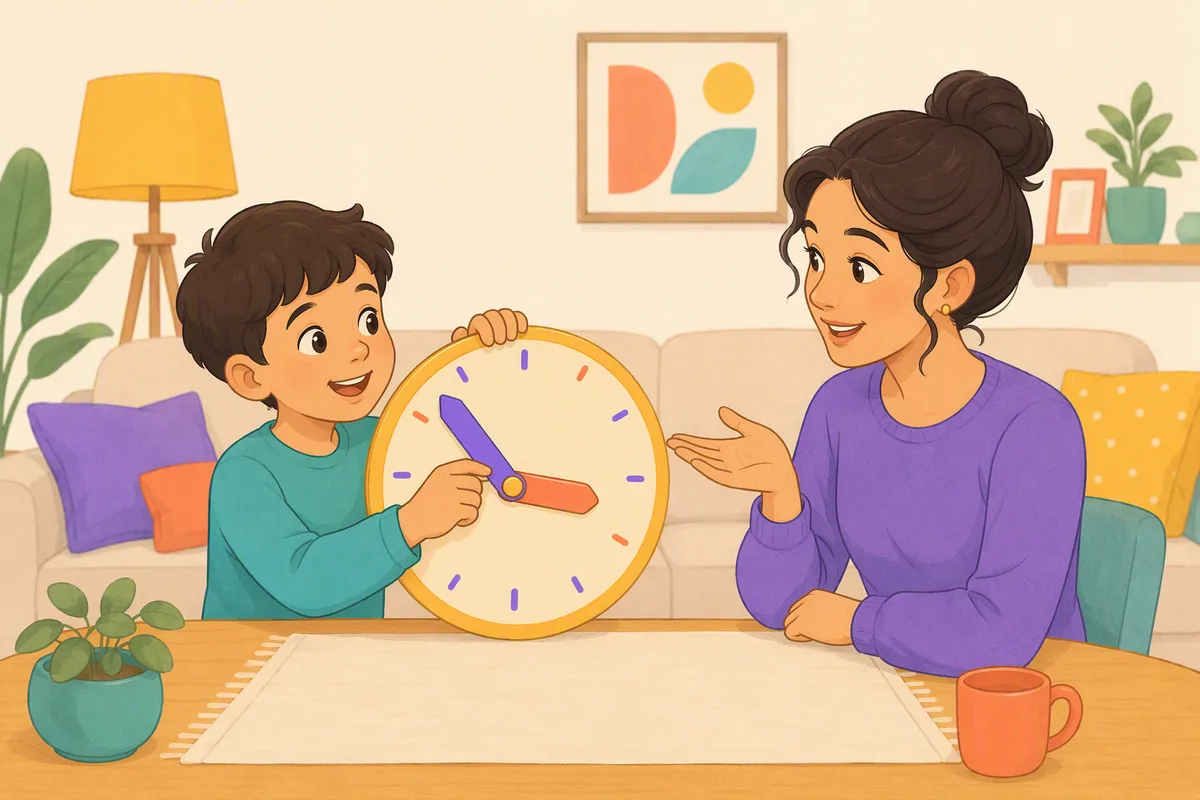 Un niño mueve las manecillas de un reloj grande de juguete mientras su mamá le explica en la sala
