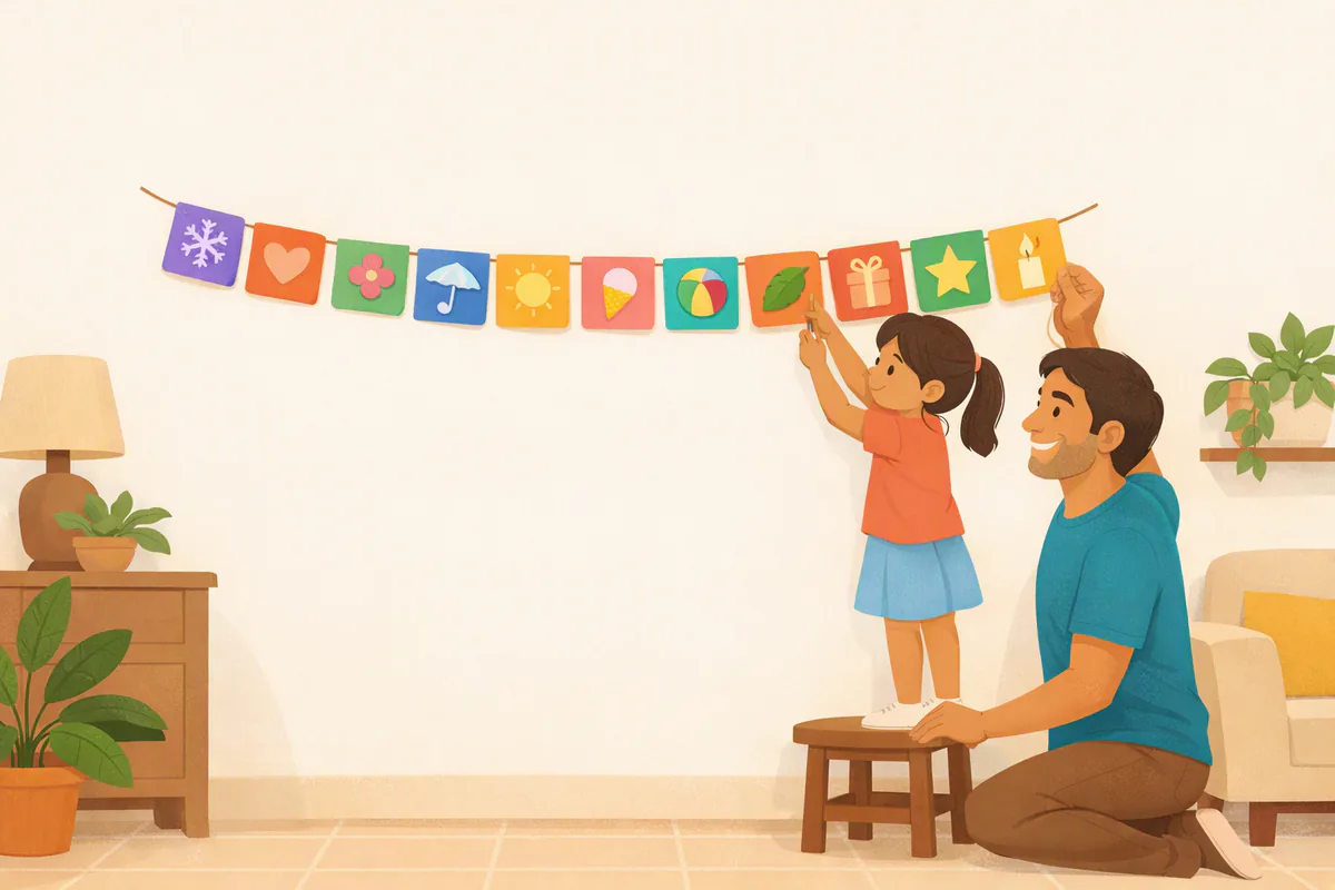 Una niña y su papá cuelgan en la pared de la sala una guirnalda de doce tarjetas, cada una con un dibujo de una época del año