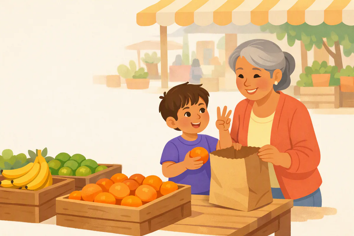 Un niño de unos seis años mete naranjas en una bolsa de papel mientras su abuela cuenta con los dedos en un puesto de frutas del mercado
