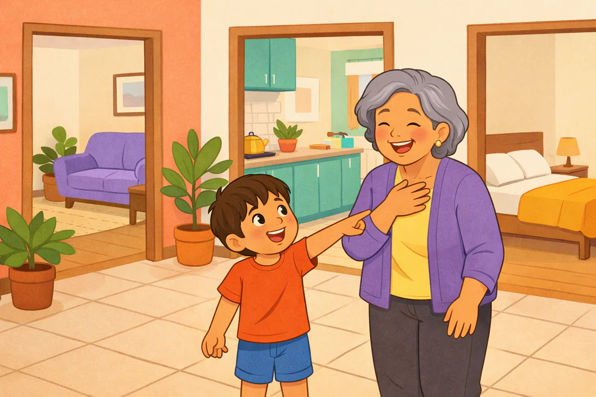 Un niño de unos seis años le muestra la casa a su abuela y señala la cocina desde el pasillo; al fondo se ven la sala y una recámara