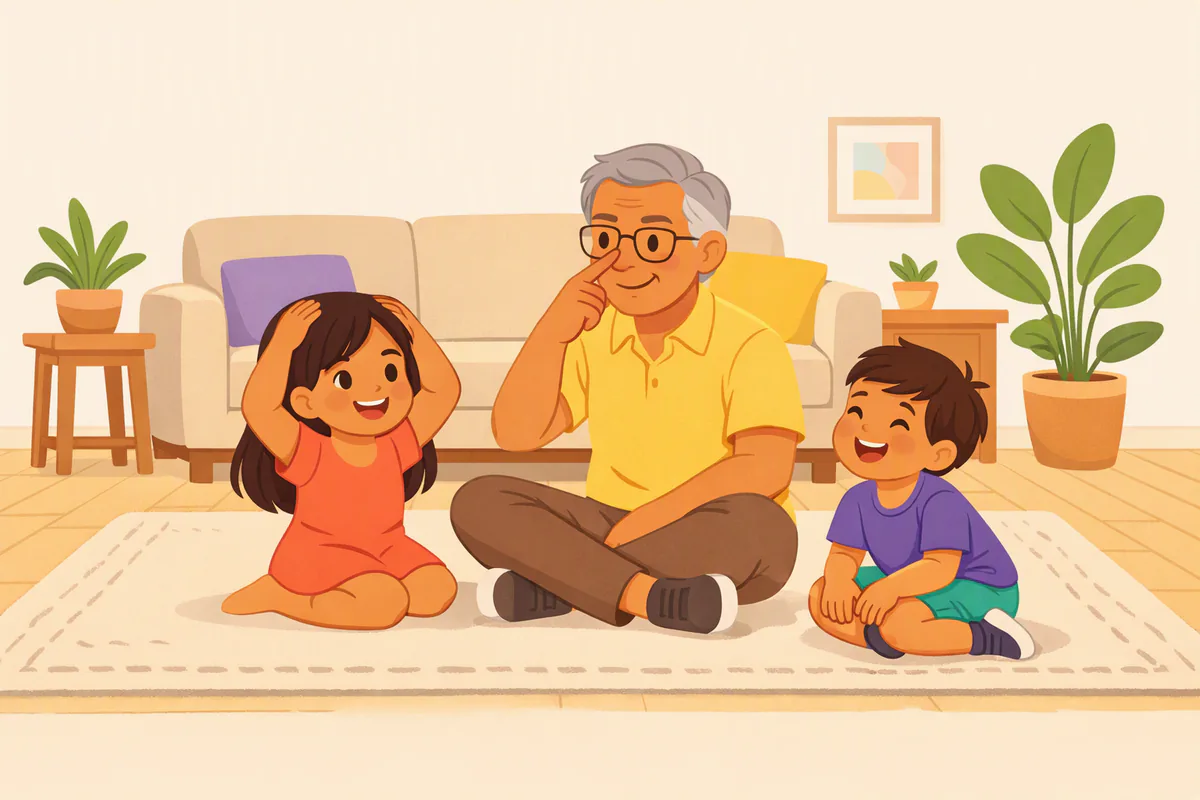 Un abuelo juega con sus dos nietos a tocarse la nariz, la cabeza y las rodillas en una sala soleada