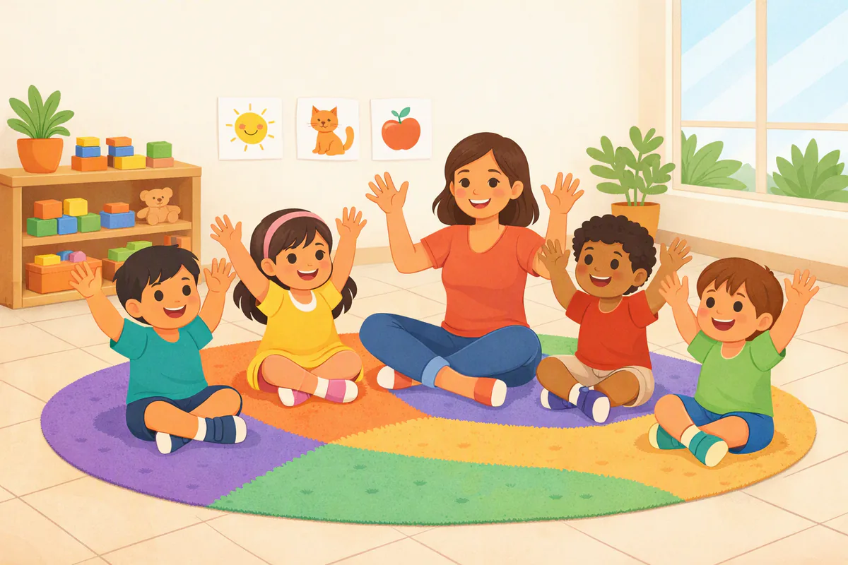 Niños de cuatro y cinco años cantan con gestos, sentados en círculo con su maestra, en un salón de preescolar
