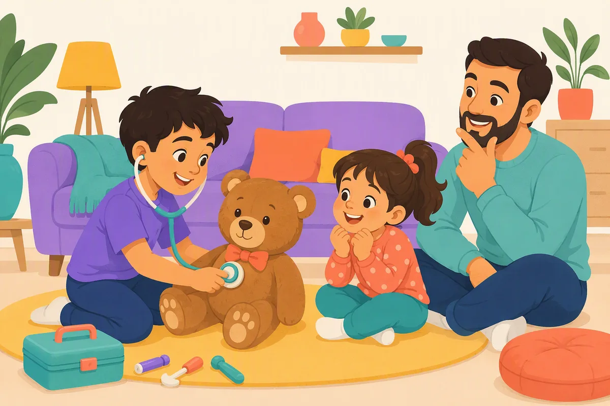 Un niño juega a ser doctor y revisa con un estetoscopio a un osito de peluche mientras su hermana y su papá lo miran