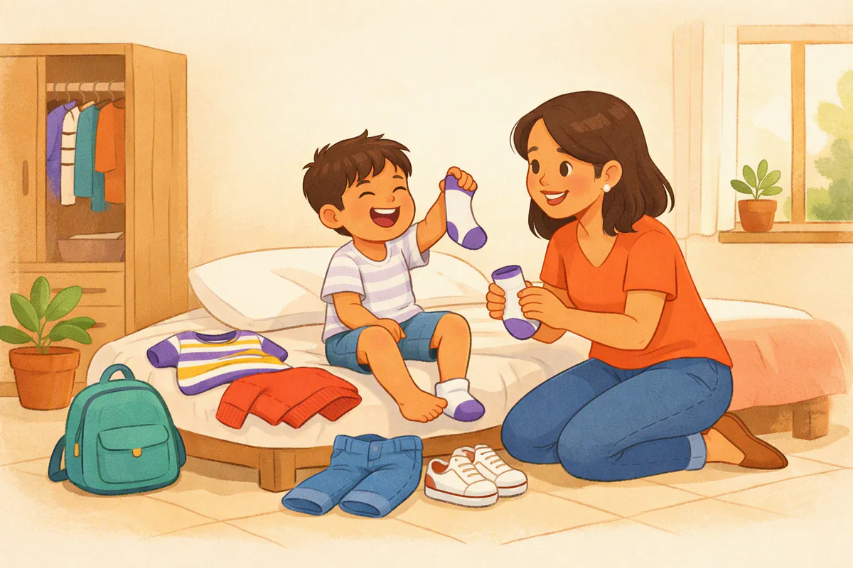 Un niño de unos cinco años levanta un calcetín mientras se viste con ayuda de su mamá; a su lado hay una playera, un suéter, jeans y tenis