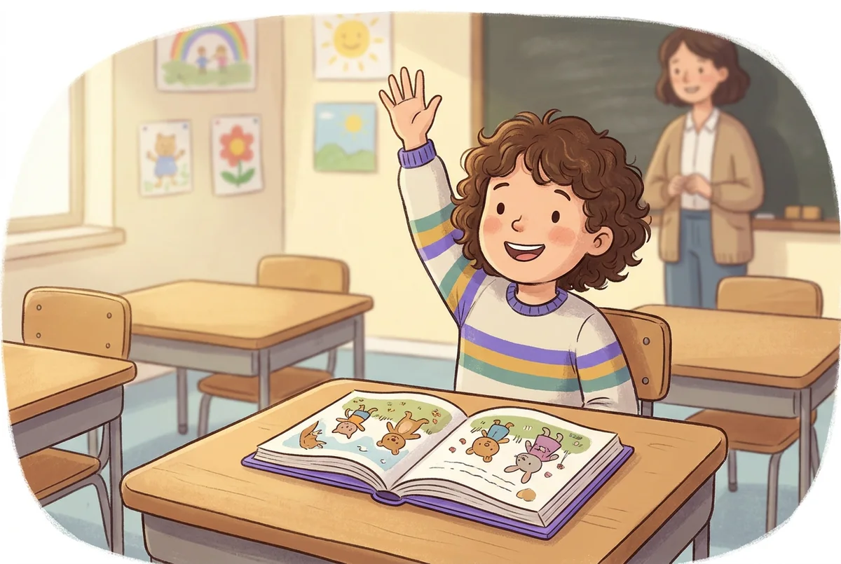 Une enfant de six ans lève la main dans sa classe, un livre d'anglais illustré ouvert sur son bureau