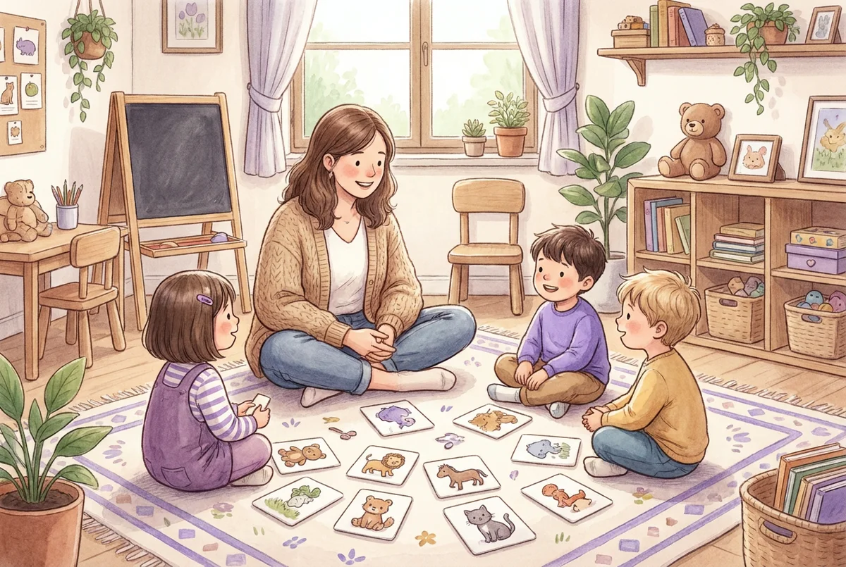 Une enseignante de maternelle assise en cercle avec de jeunes enfants autour de cartes-images colorées