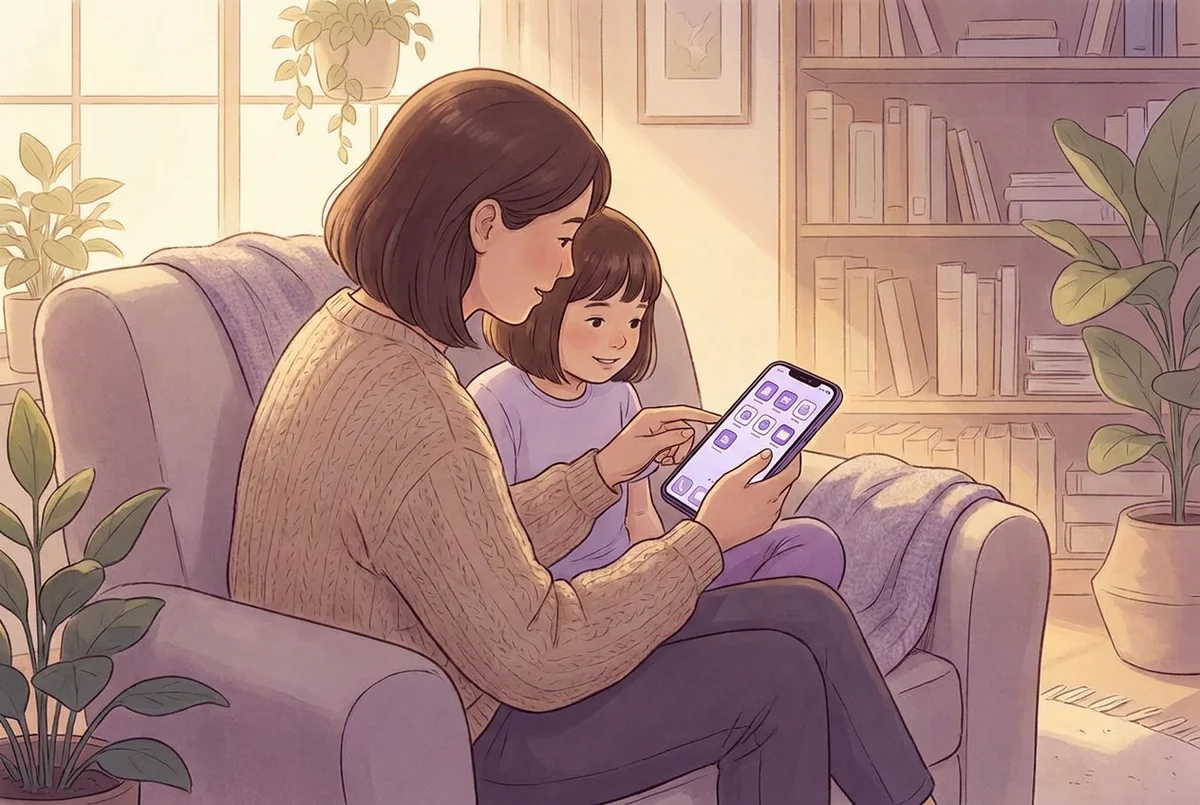 Un parent regarde la fiche d'une application sur son téléphone à côté de sa fille avant de l'installer