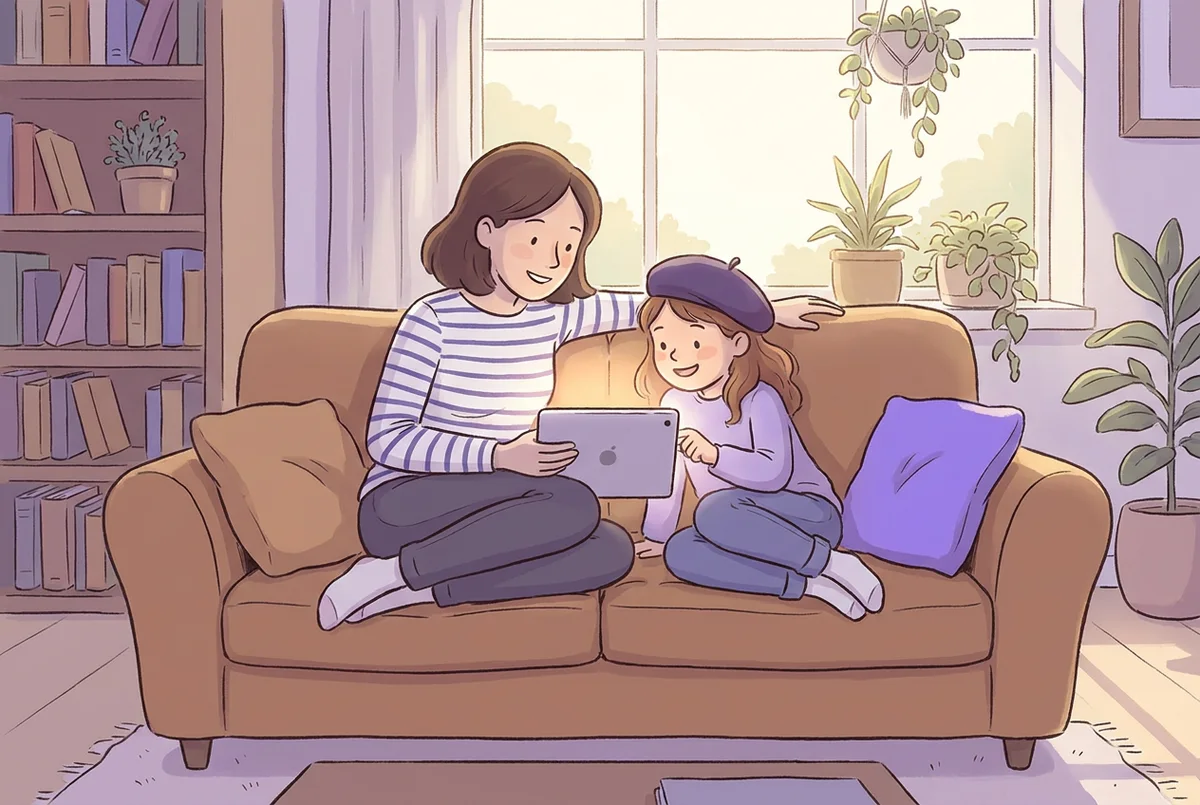 Un parent et son enfant assis sur un canapé, souriants, regardant ensemble une tablette
