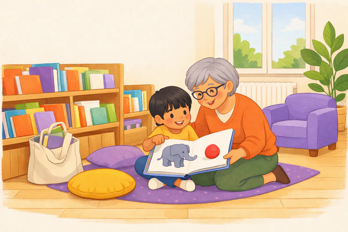 Une grand-mère et son petit-fils de cinq ans choisissent des albums illustrés dans le rayon jeunesse d'une médiathèque