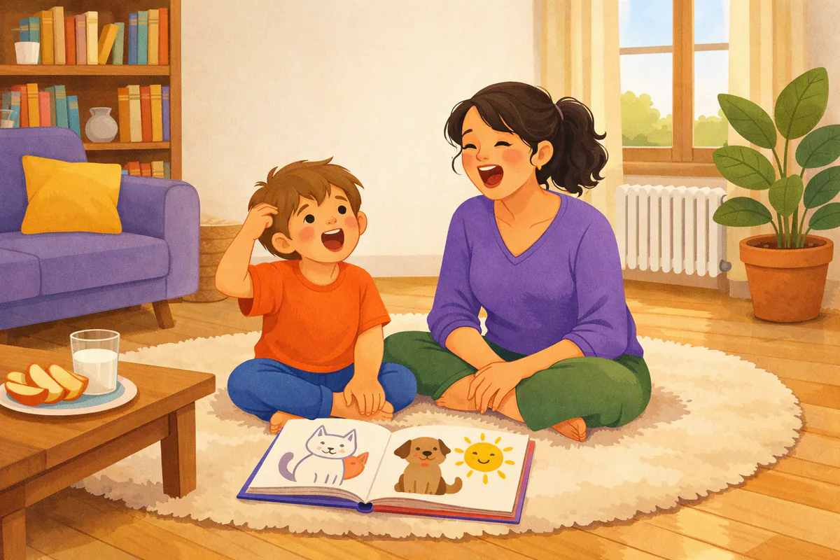 Une mère et son fils de six ans assis sur le tapis du salon, chantant ensemble en regardant un album illustré ouvert