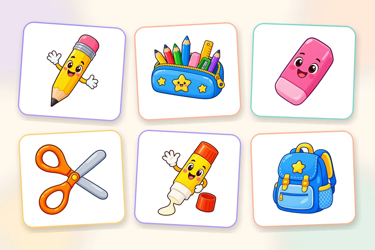 Cartes-images du matériel scolaire : un crayon, une trousse, une gomme, des ciseaux, un bâton de colle et un cartable