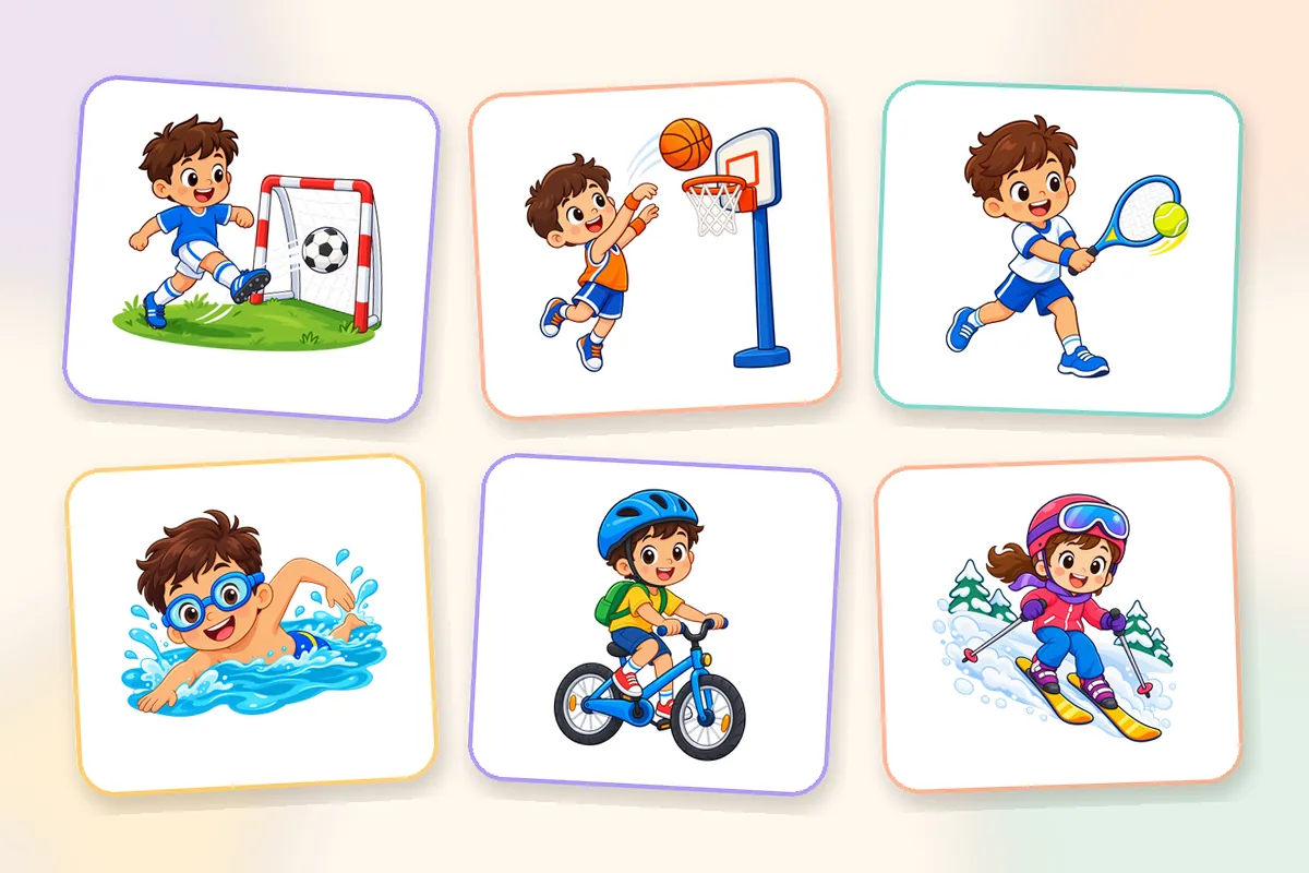 Des enfants dessinés qui jouent au football, au basket et au tennis, nagent, font du vélo et du ski