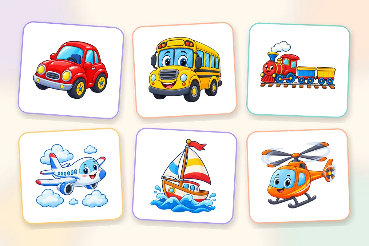 Cartes-images de transports : une voiture, un bus, un train, un avion, un bateau et un hélicoptère