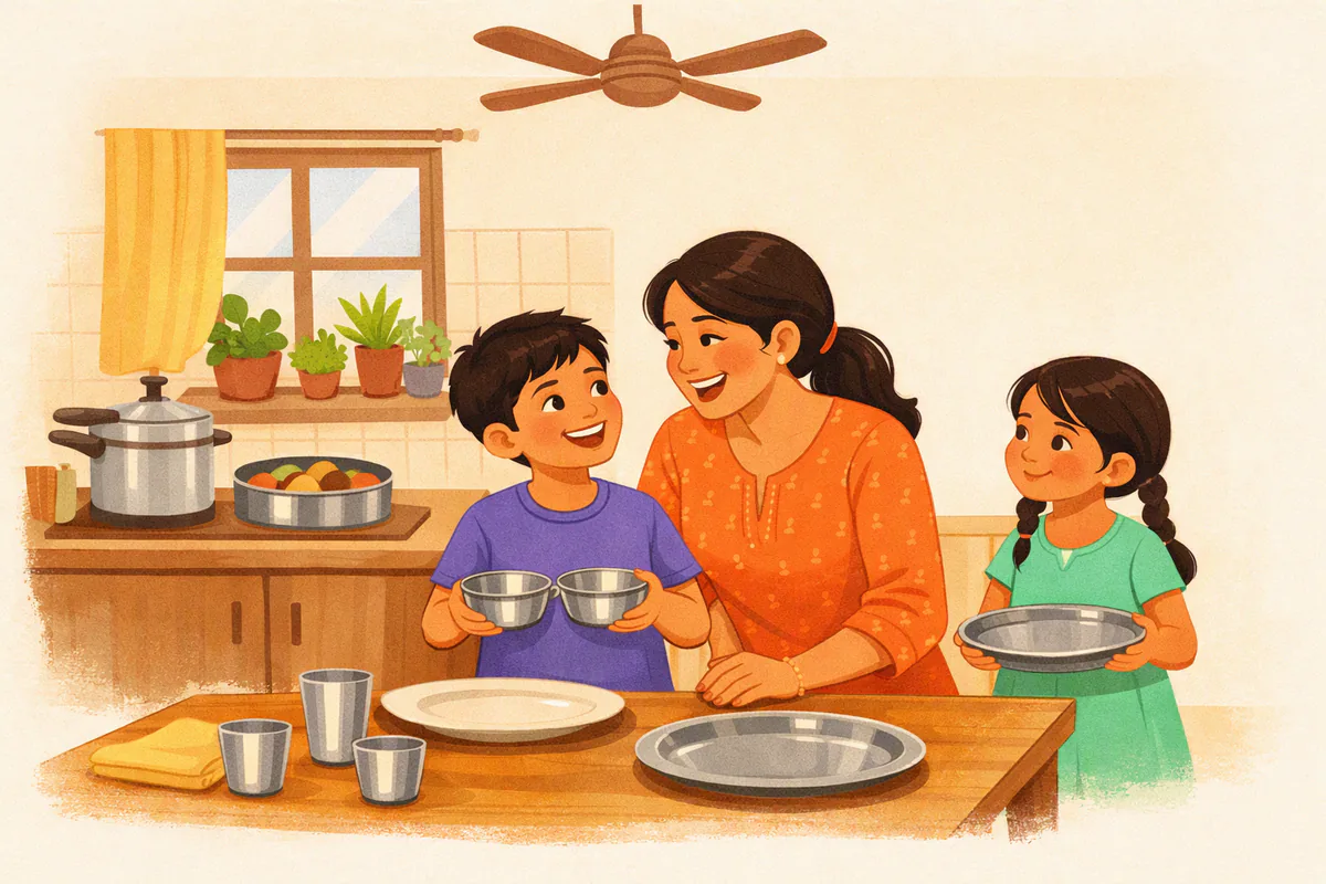 शाम को घर की रसोई में माँ और सात साल का बेटा साथ में खाना परोसते हुए हँसकर बातें कर रहे हैं, पास में छोटी बहन प्लेट पकड़े खड़ी है