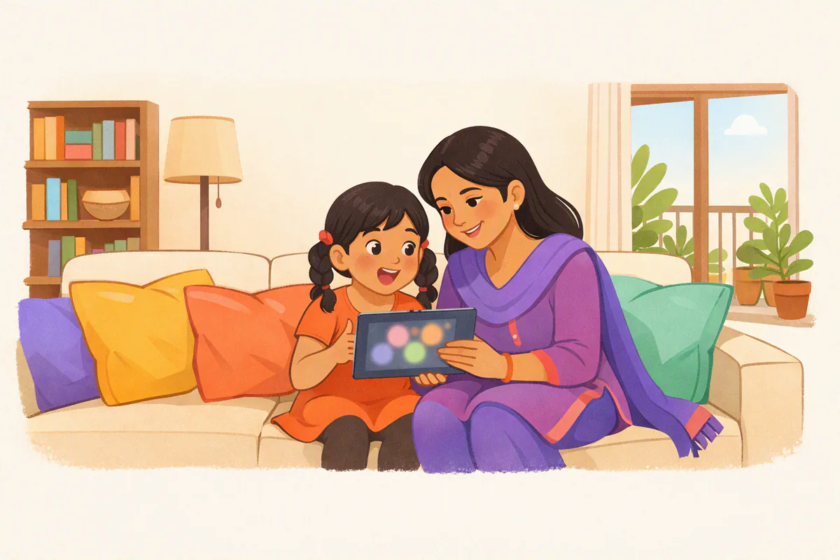 सोफ़े पर बैठी माँ और छह साल की बेटी एक टैबलेट देख रही हैं; बेटी स्क्रीन की ओर मुँह करके कुछ बोल रही है और माँ ध्यान से सुन रही हैं