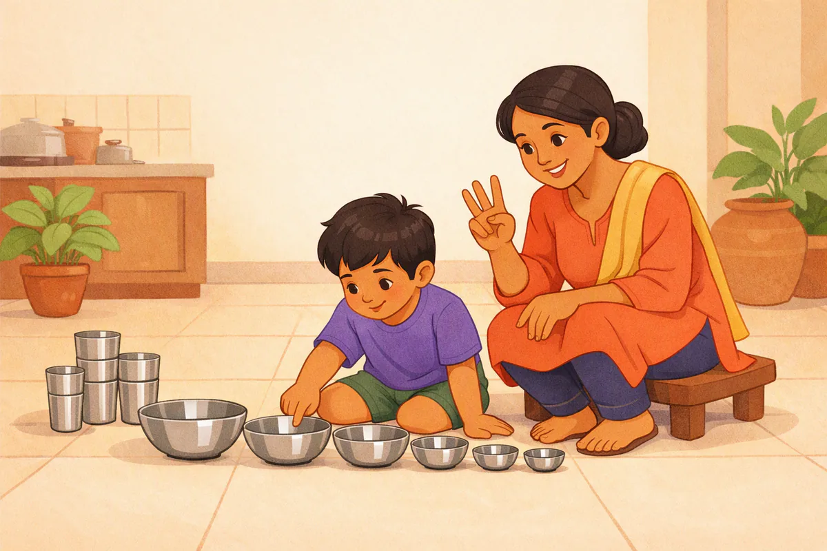 रसोई के फ़र्श पर छह साल का बेटा बड़ी से छोटी स्टील की कटोरियाँ उँगली रखकर गिन रहा है; पास बैठी माँ उँगलियाँ दिखाकर साथ गिन रही हैं
