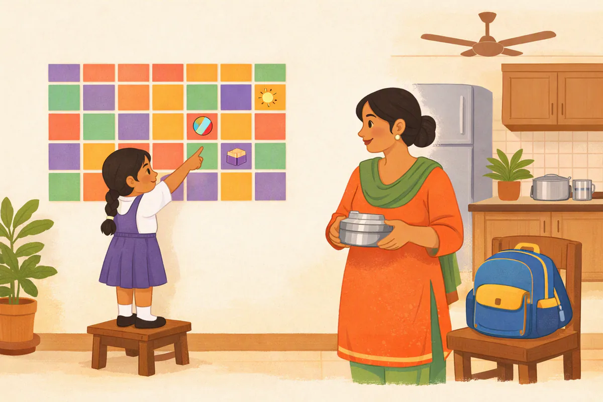 रसोई में स्टूल पर खड़ी सात साल की बच्ची दीवार के रंगीन कैलेंडर पर आज का दिन दिखा रही है; माँ टिफ़िन पकड़े मुड़कर सुन रही हैं