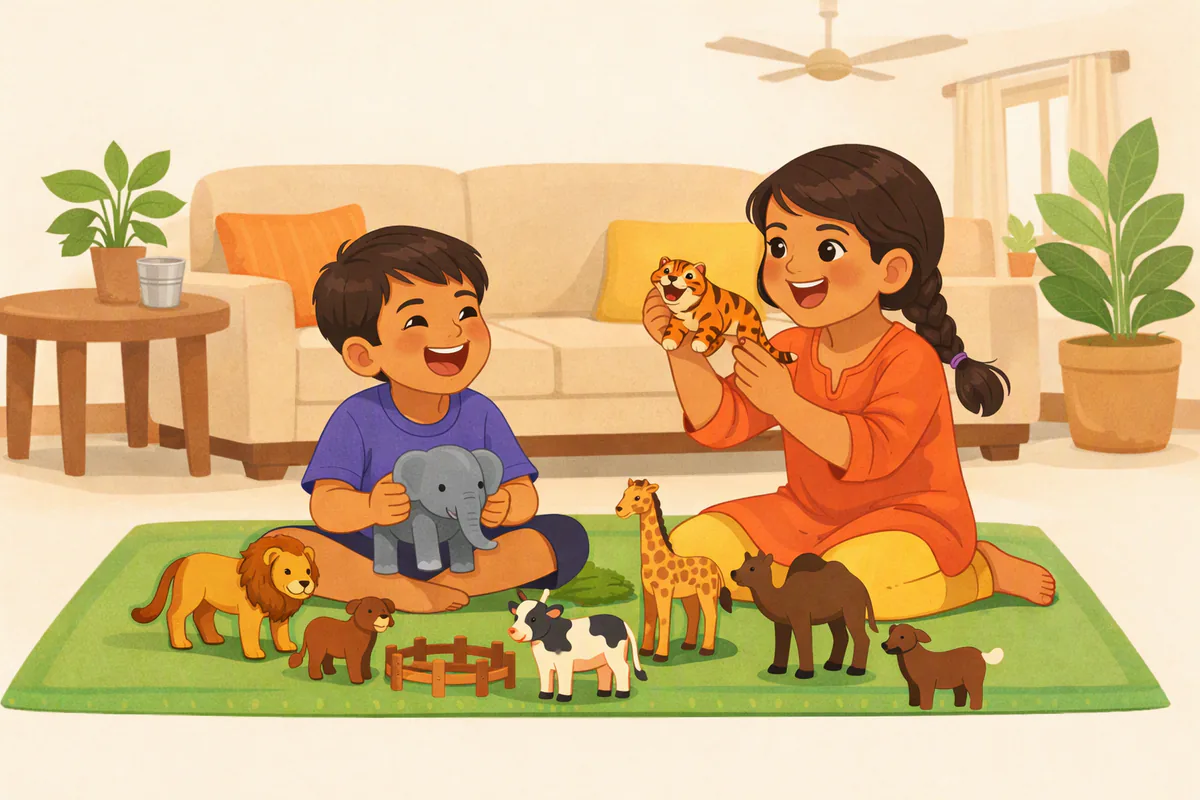 हरी चटाई पर भाई-बहन खिलौना जानवरों से चिड़ियाघर बनाकर खेल रहे हैं; बहन खिलौना बाघ उठाकर दहाड़ने की नक़ल कर रही है
