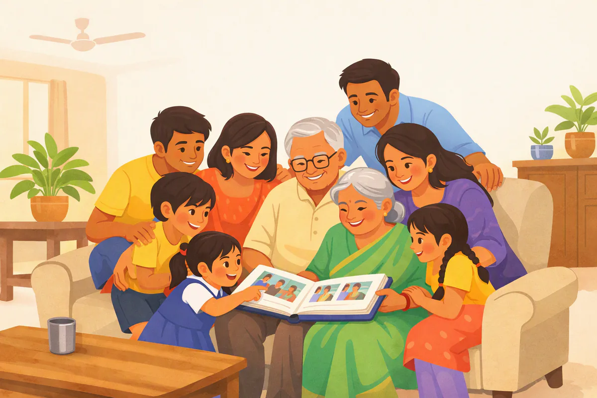 बैठक में दादा-दादी, माता-पिता, चाचा-चाची और बच्चे साथ बैठकर परिवार का फ़ोटो एल्बम देख रहे हैं; एक छोटी बच्ची एल्बम की एक फ़ोटो की ओर इशारा कर रही है